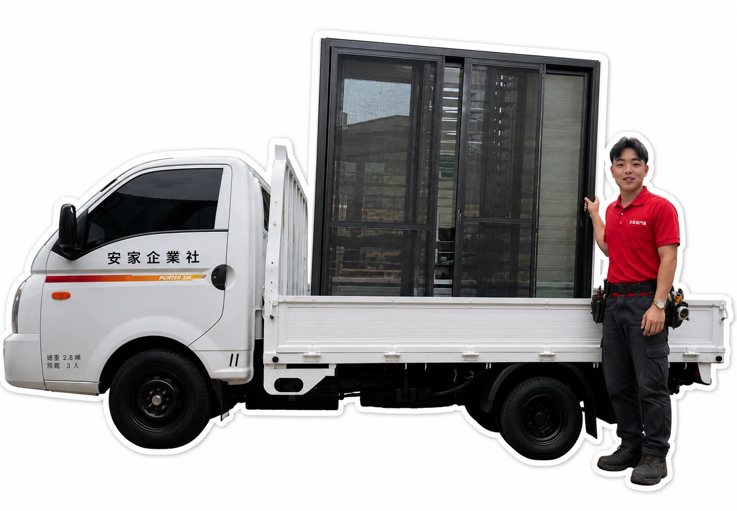 安家鋁門窗工程團隊與工程車服務形象